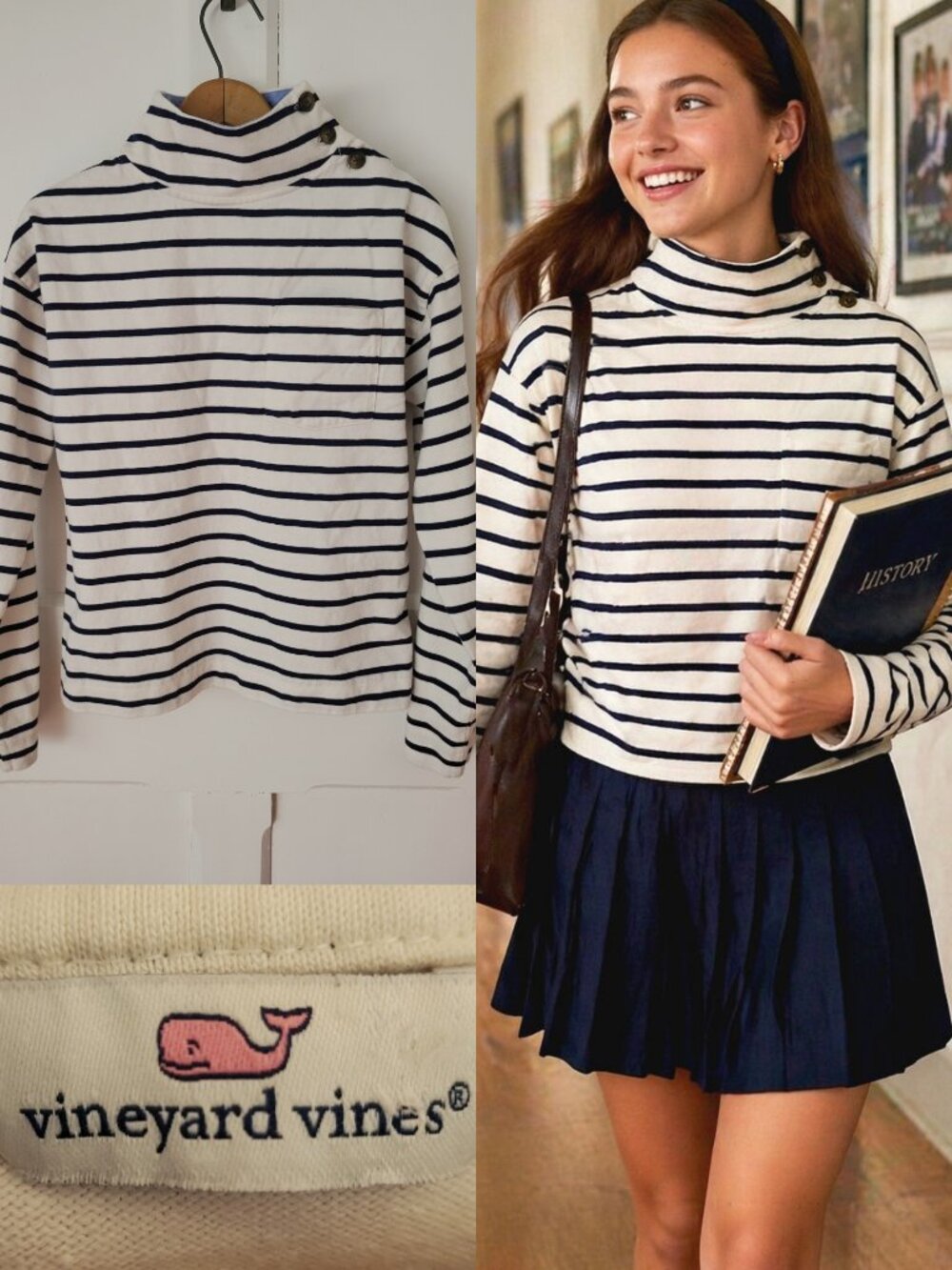 Vineyard Vines Striped Buttoned Mock Neck Top XS Navy White Preppy Cotton